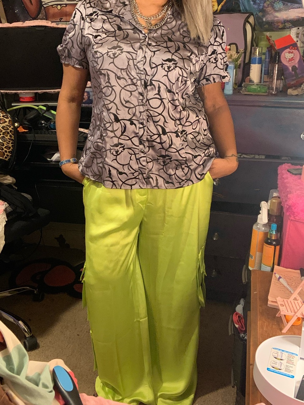 Satin Wide-Leg Cargo Pants in Lime Green